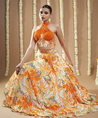 Forest orange   printed corset drape indo lehenga set 2