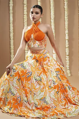 Forest orange   printed corset drape indo lehenga set