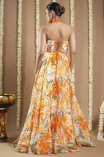 Forest orange   printed corset drape indo lehenga set