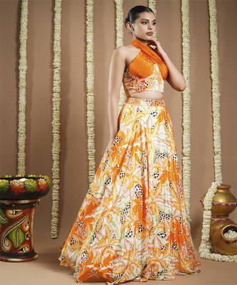 Forest orange   printed corset drape indo lehenga set 5