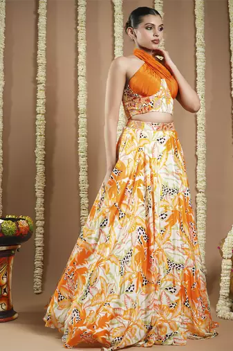 Forest orange   printed corset drape indo lehenga set