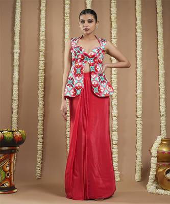 Red tile printed coat and drape skirt set 1