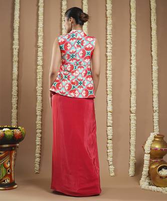 Red tile printed coat and drape skirt set 2