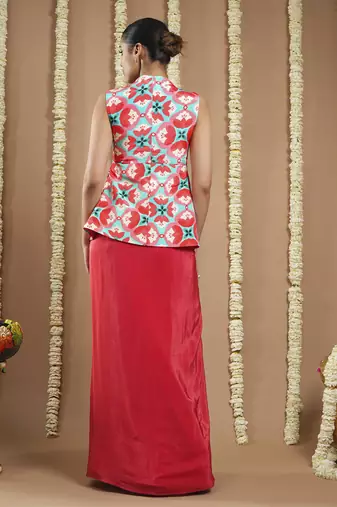 Red tile printed coat and drape skirt set