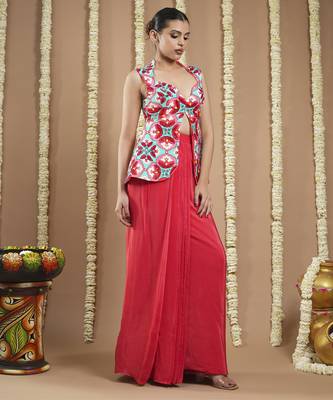 Red tile printed coat and drape skirt set 3
