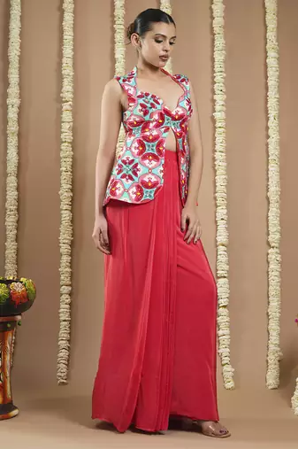Red tile printed coat and drape skirt set