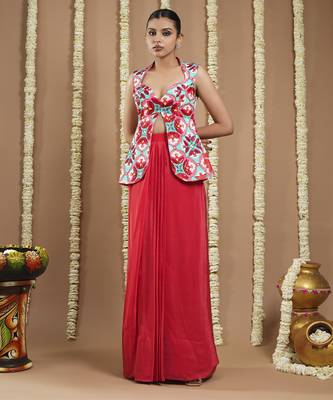 Red tile printed coat and drape skirt set 4