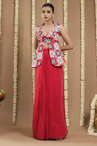 Red tile printed coat and drape skirt set