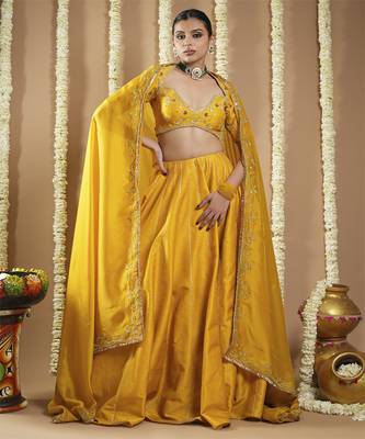 Mustard Yellow Heavy Slub Silk Lehenga Set 1