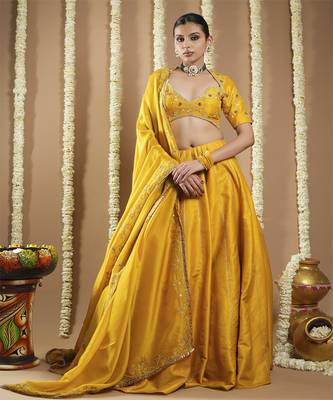 Mustard Yellow Heavy Slub Silk Lehenga Set 3