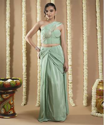 ready to wear mint green patchwork corset draped saree 1