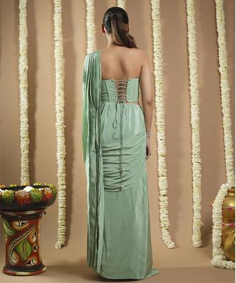 ready to wear mint green patchwork corset draped saree 2