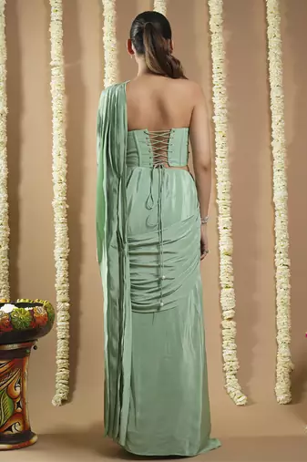 ready to wear mint green patchwork corset draped saree