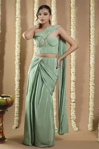 ready to wear mint green patchwork corset draped saree