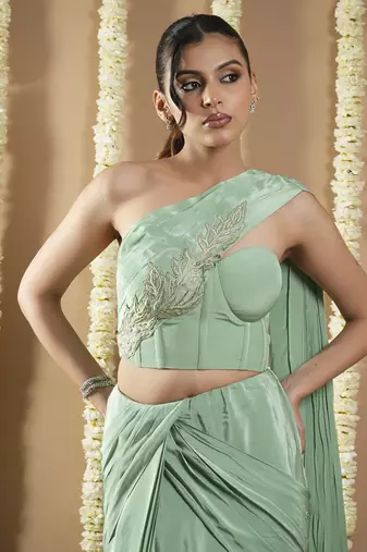 ready to wear mint green patchwork corset draped saree