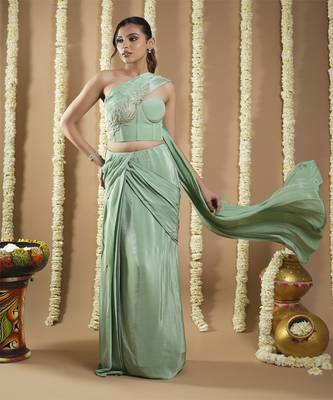 ready to wear mint green patchwork corset draped saree 5