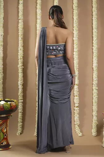 ready to wear grey ruched  saree