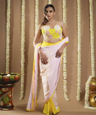 ready to wear yellow / pink flower applique  saree 1