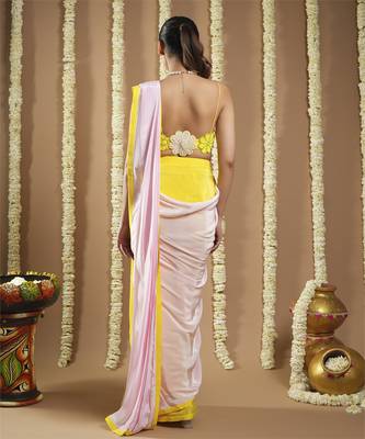 ready to wear yellow / pink flower applique  saree 2