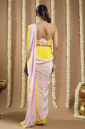 ready to wear yellow / pink flower applique  saree