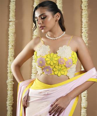 ready to wear yellow / pink flower applique  saree 3