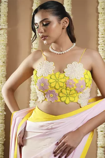 ready to wear yellow / pink flower applique  saree