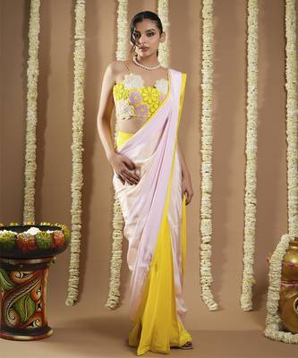 ready to wear yellow / pink flower applique  saree 4