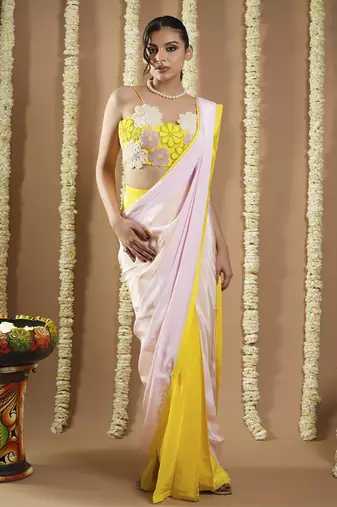 ready to wear yellow / pink flower applique  saree