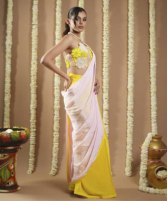 ready to wear yellow / pink flower applique  saree 5