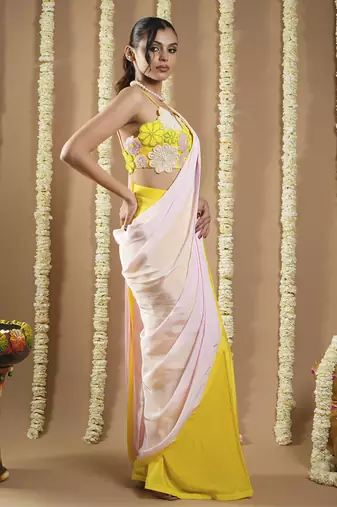 ready to wear yellow / pink flower applique  saree