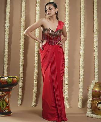 ready to wear hot red corset draped saree 1