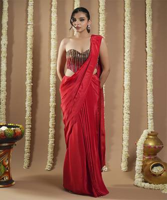 ready to wear hot red corset draped saree 2