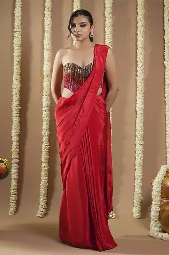 ready to wear hot red corset draped saree