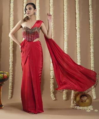ready to wear hot red corset draped saree 4