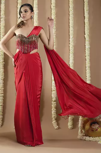 ready to wear hot red corset draped saree
