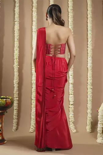 ready to wear hot red corset draped saree