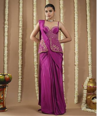 ready to wear grape wine long corset saree 1