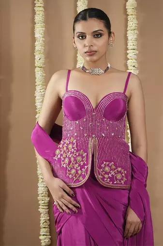 ready to wear grape wine long corset saree
