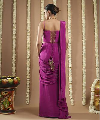 ready to wear grape wine long corset saree 3
