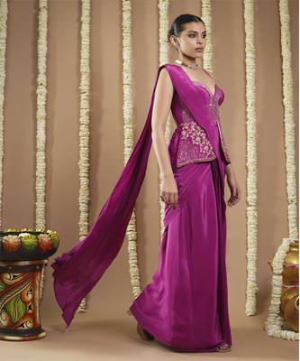 ready to wear grape wine long corset saree 4
