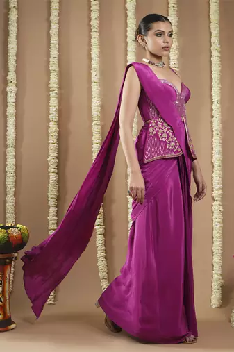 ready to wear grape wine long corset saree