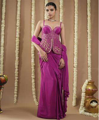 ready to wear grape wine long corset saree 5