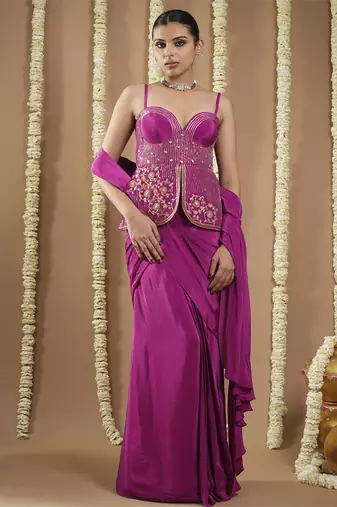 ready to wear grape wine long corset saree