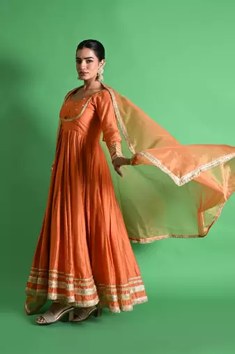 Orange chanderi anarkali set