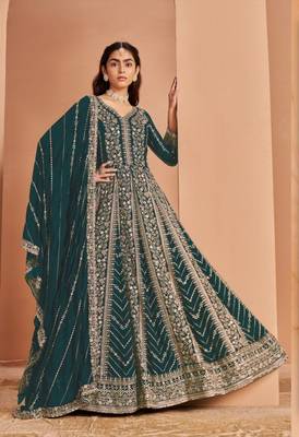 Teal georgette heavy embroidery semi stitched sequins work wedding gowns 1