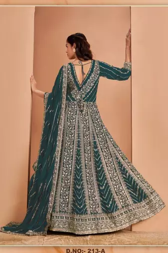 Teal georgette heavy embroidery semi stitched sequins work wedding gowns
