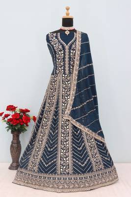Teal georgette heavy embroidery semi stitched sequins work wedding gowns 3