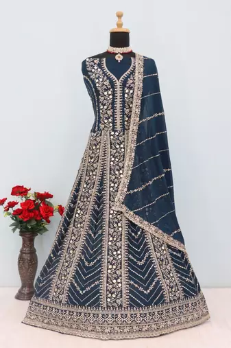 Teal georgette heavy embroidery semi stitched sequins work wedding gowns