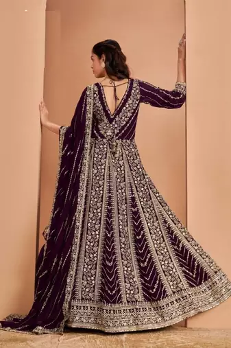 Wine georgette heavy embroidery semi stitched sequins work wedding gowns
