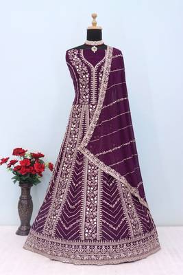 Wine georgette heavy embroidery semi stitched sequins work wedding gowns 3